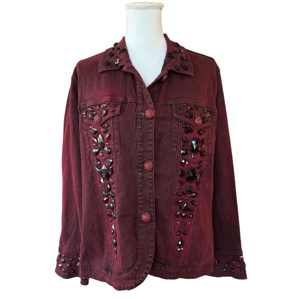 Diane Gilman DG2 Embellished Denim Jacket Burgundy Red Crystal Buttons Size L - Picture 1 of 11